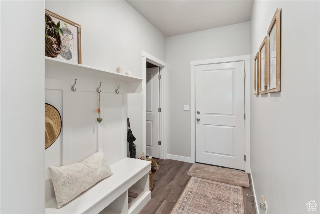 Mudroom featuring wood finished floors and baseboards