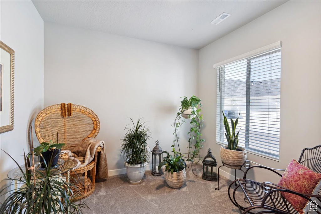 Living area with carpet and baseboards