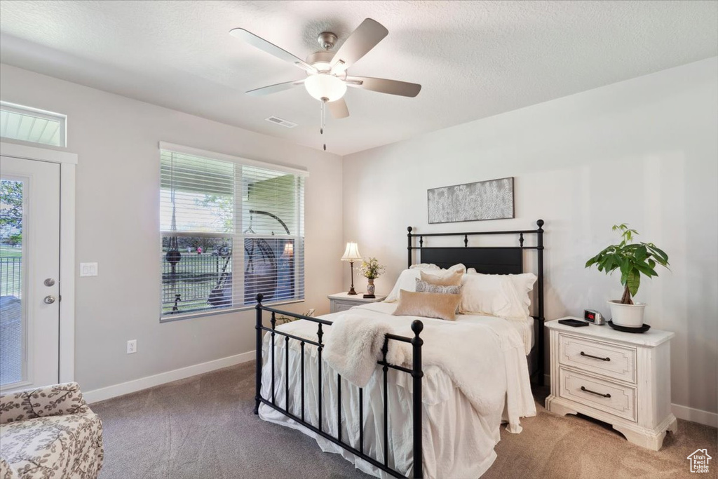 Bedroom featuring light colored carpet, baseboards, and multiple windows