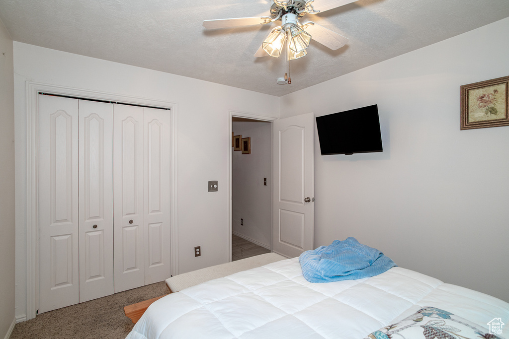 Carpeted bedroom with a closet, a ceiling fan, and baseboards