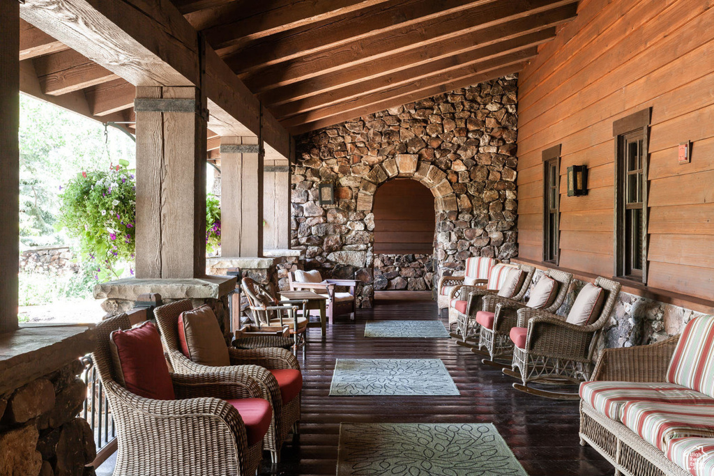 View of patio / terrace featuring an outdoor living space with a fireplace