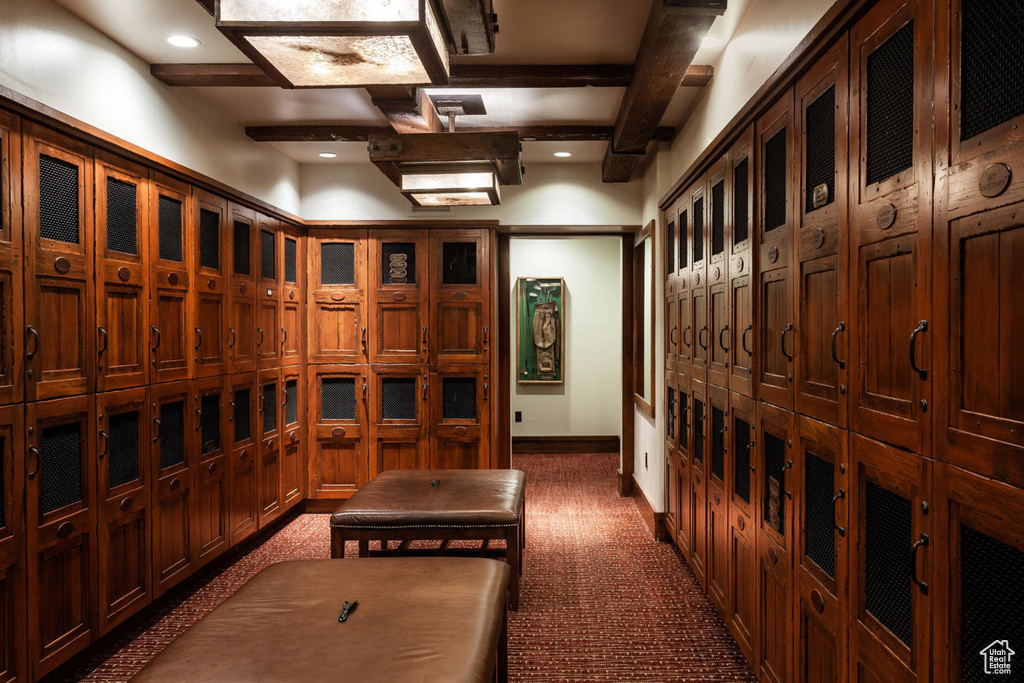 Wine room with carpet, recessed lighting, and baseboards