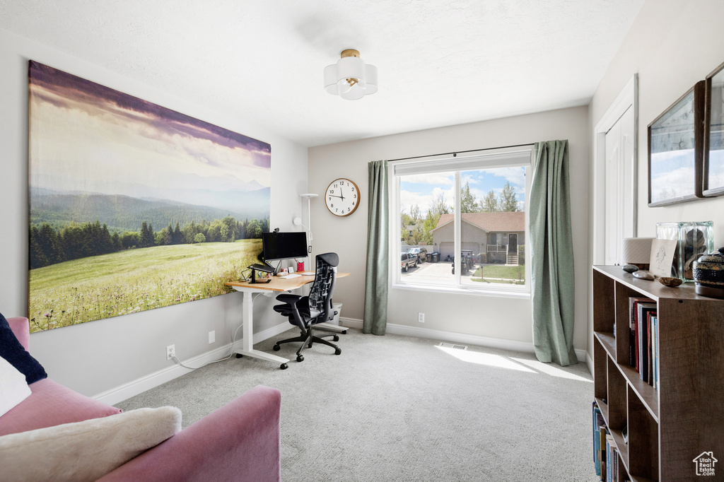 Office area featuring carpet floors and baseboards