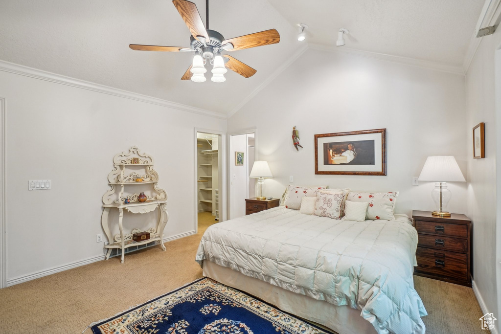 Carpeted bedroom featuring lofted ceiling, a spacious closet, baseboards, ornamental molding, and ceiling fan