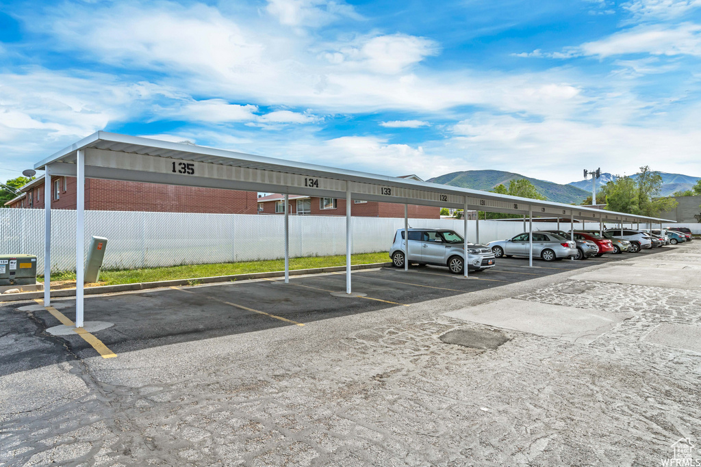 Covered parking lot with a mountain view