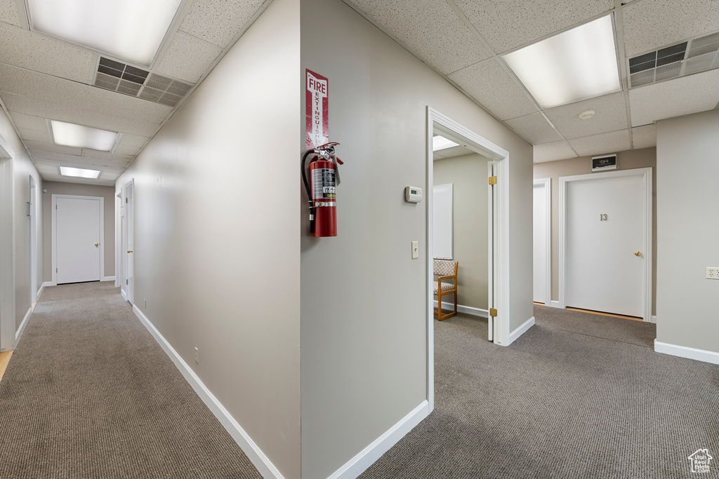 Corridor featuring a paneled ceiling, carpet flooring, and baseboards
