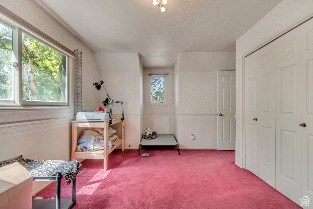 Miscellaneous room with wallpapered walls, carpet flooring, and a textured ceiling