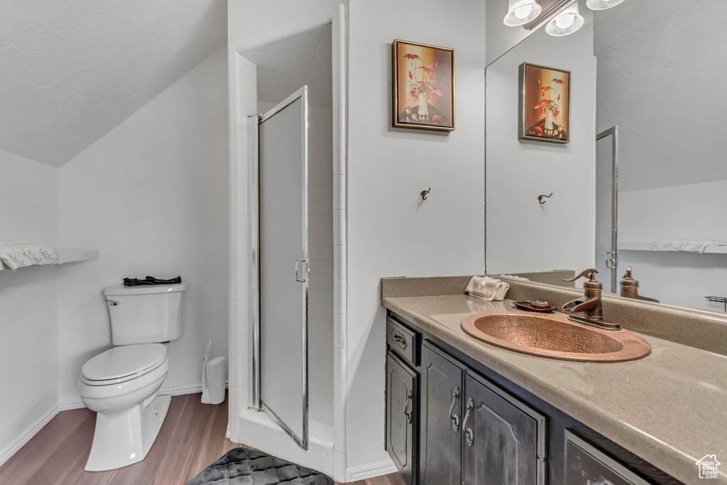 Bathroom with toilet, vanity, a shower stall, wood finished floors, and vaulted ceiling