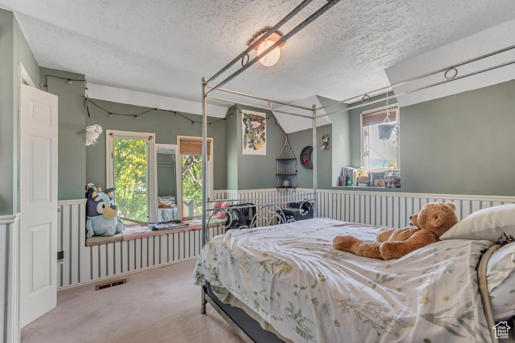 Bedroom with a textured ceiling, a wainscoted wall, and carpet