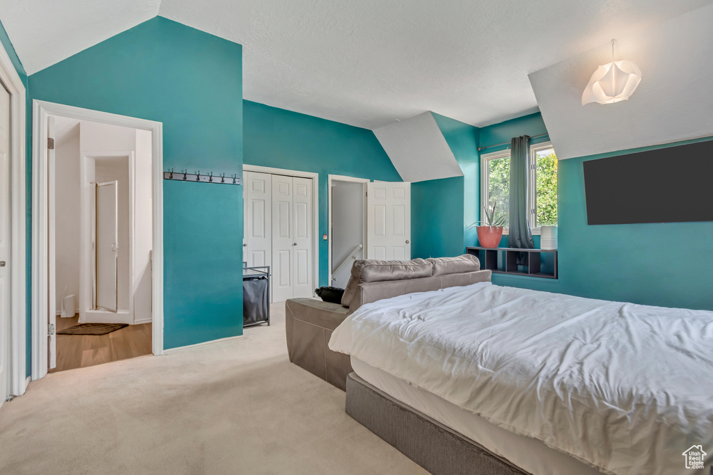 Carpeted bedroom with vaulted ceiling