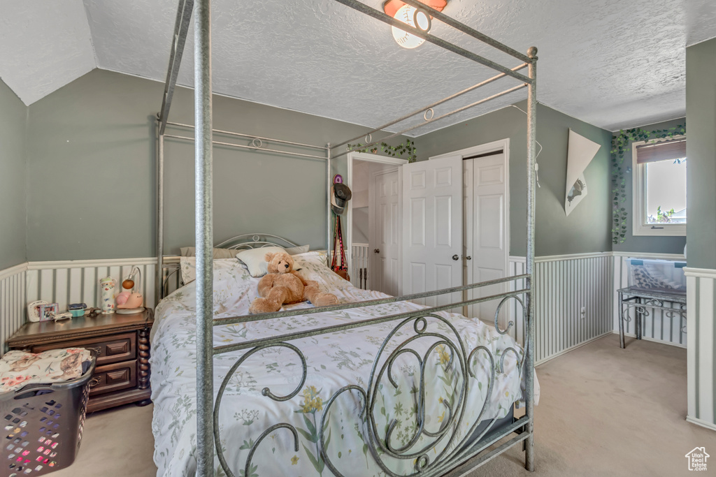 Carpeted bedroom with wainscoting, a textured ceiling, and a closet