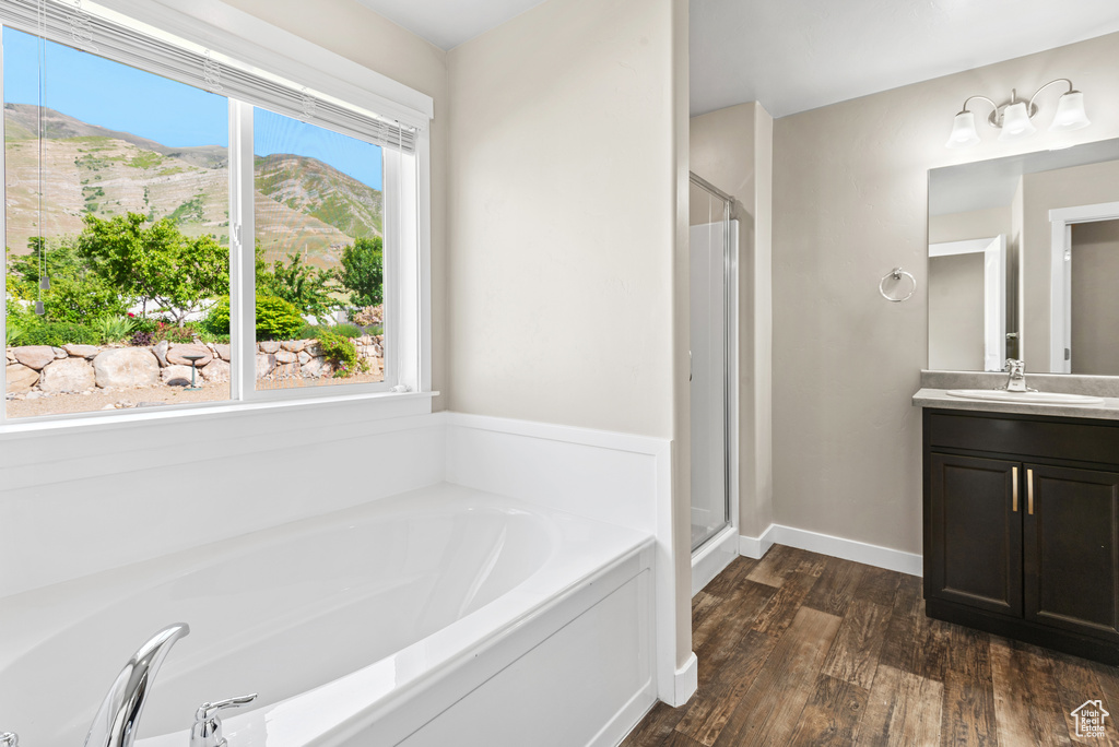 Full bathroom featuring a garden tub, vanity, wood finished floors, a shower stall, and baseboards
