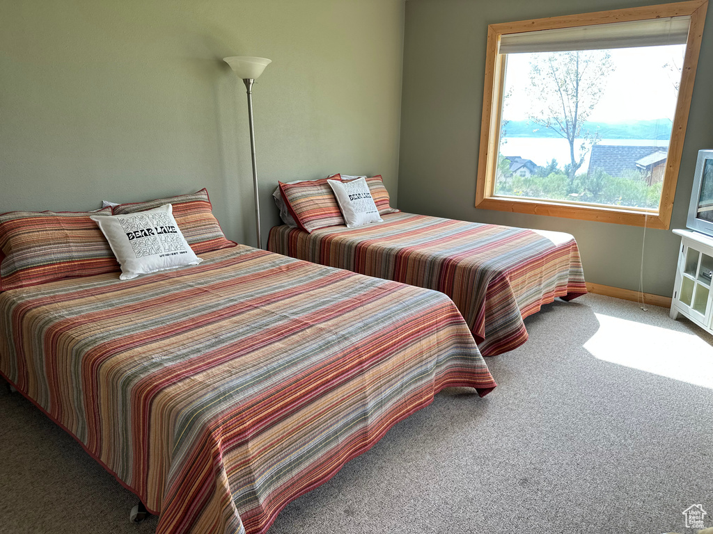 Bedroom with carpet flooring and baseboards