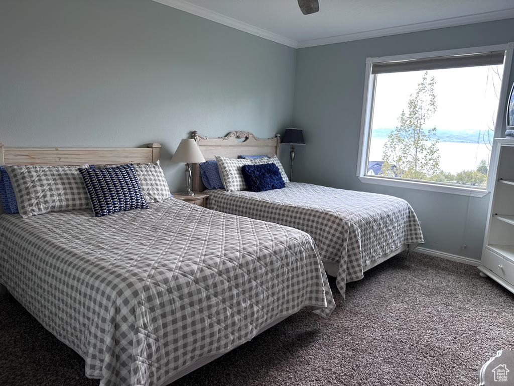 Carpeted bedroom with crown molding and baseboards