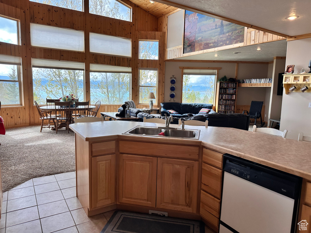Kitchen with white dishwasher, a sink, light countertops, healthy amount of natural light, and high vaulted ceiling