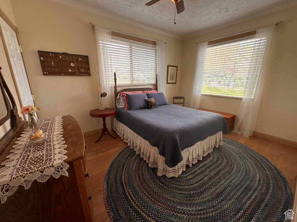 Bedroom featuring light wood-style floors, crown molding, a textured ceiling, baseboards, and ceiling fan