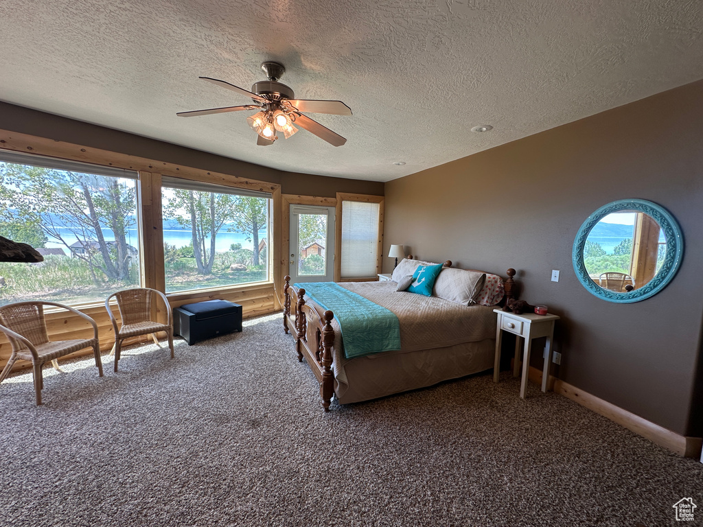 Carpeted bedroom featuring multiple windows, a textured ceiling, ceiling fan, and baseboards