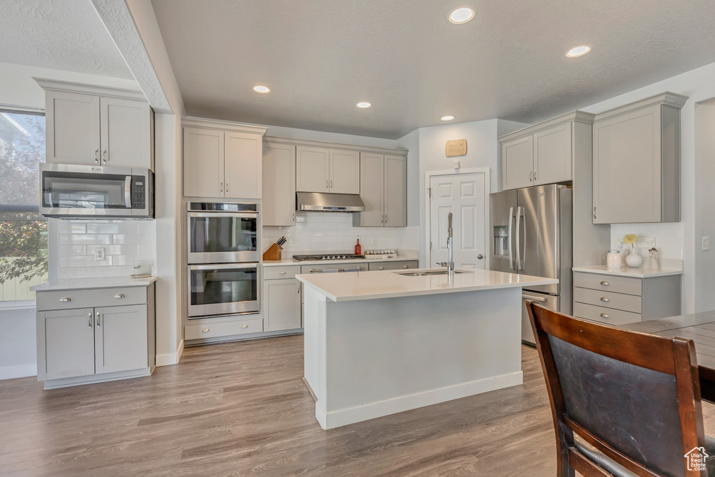 Kitchen with appliances with stainless steel finishes, gray cabinetry, a sink, light countertops, and light wood-style flooring