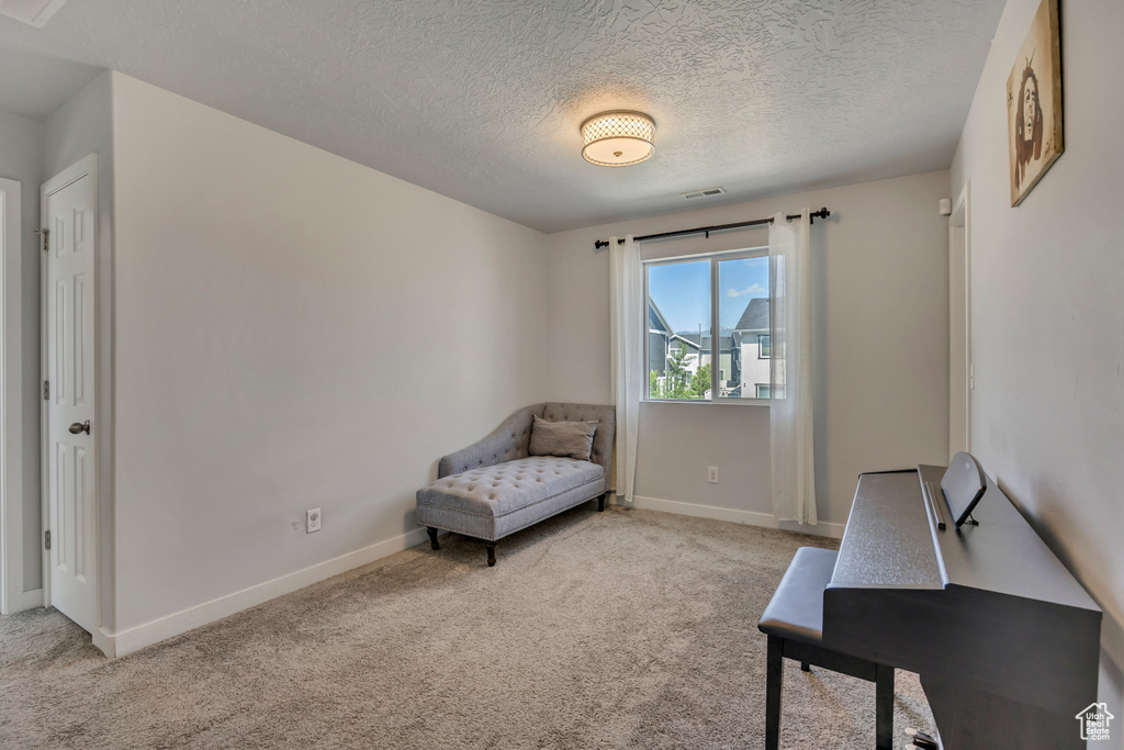 Living area featuring a textured ceiling, carpet flooring, and baseboards