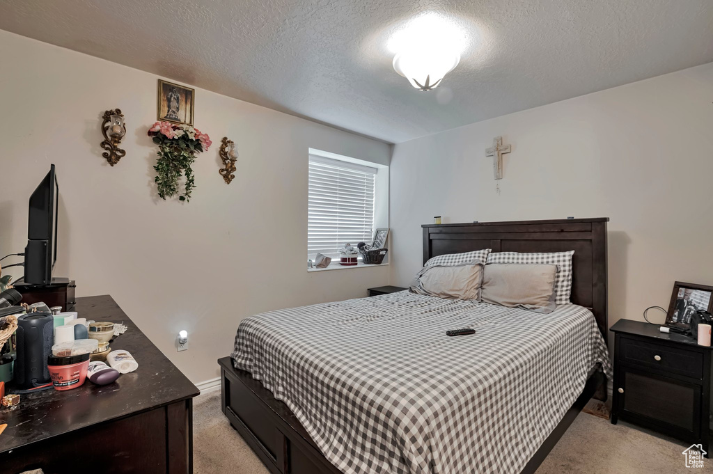 Bedroom featuring light colored carpet, a textured ceiling, and baseboards