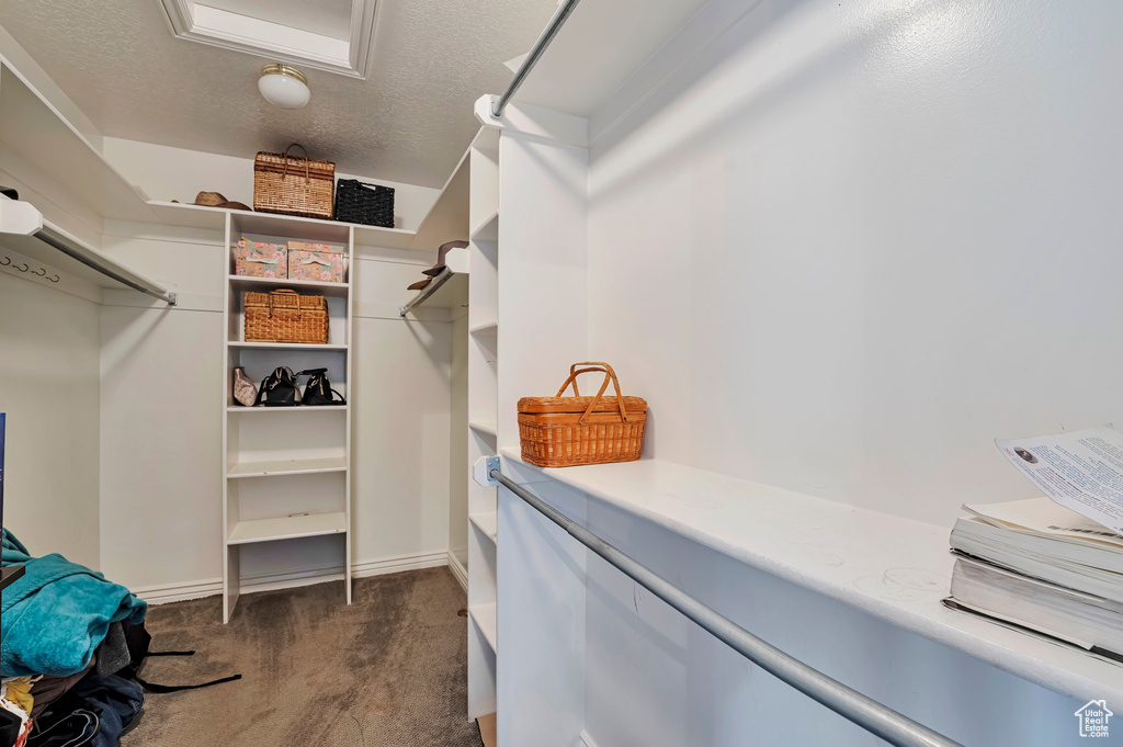 Walk in closet with dark colored carpet and attic access