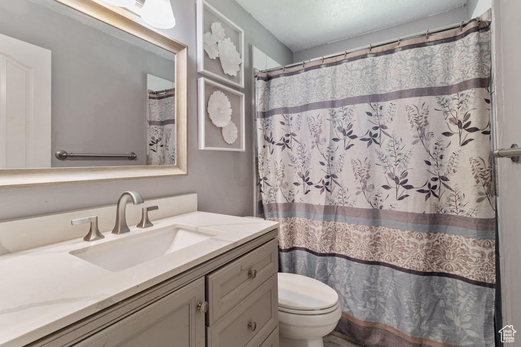 Full bath with vanity, toilet, and curtained shower