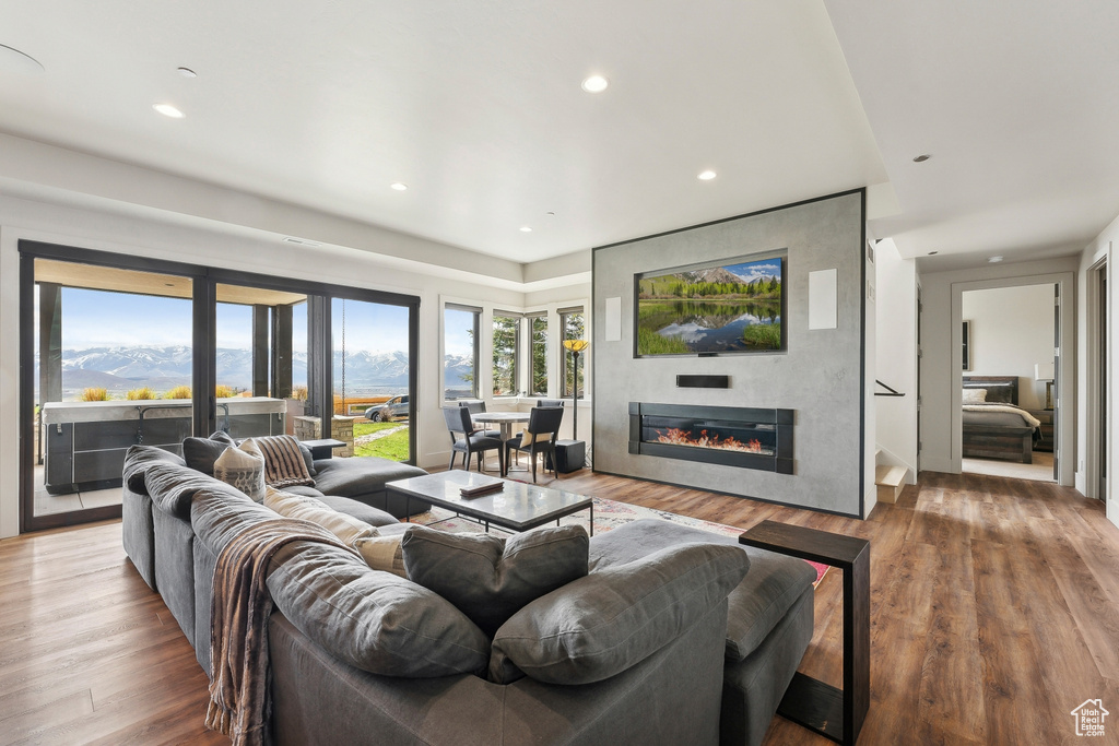 Living area featuring recessed lighting, wood finished floors, and a glass covered fireplace