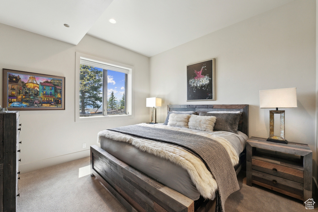 Carpeted bedroom featuring recessed lighting
