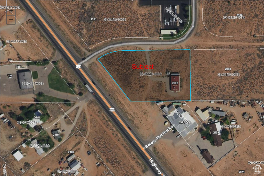 Aerial overview of property's location with property boundaries highlighted