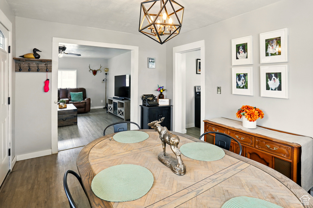 Dining room featuring baseboards, ceiling fan, a chandelier, and wood finished floors