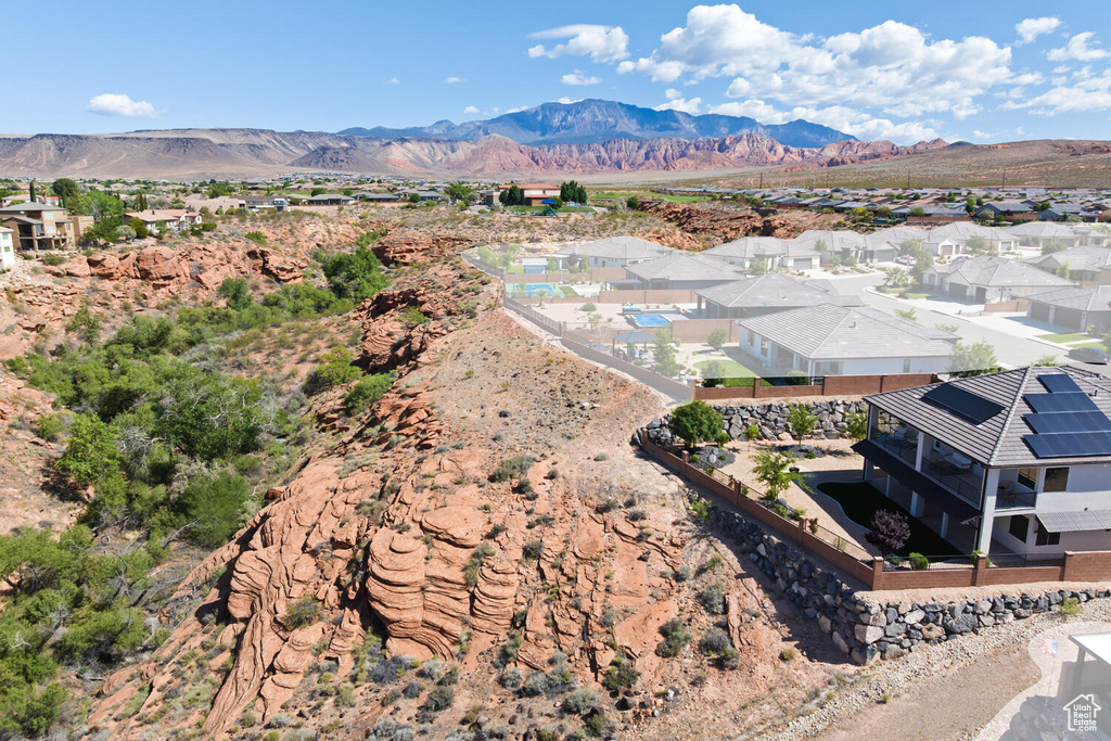 Aerial view of residential area with mountains