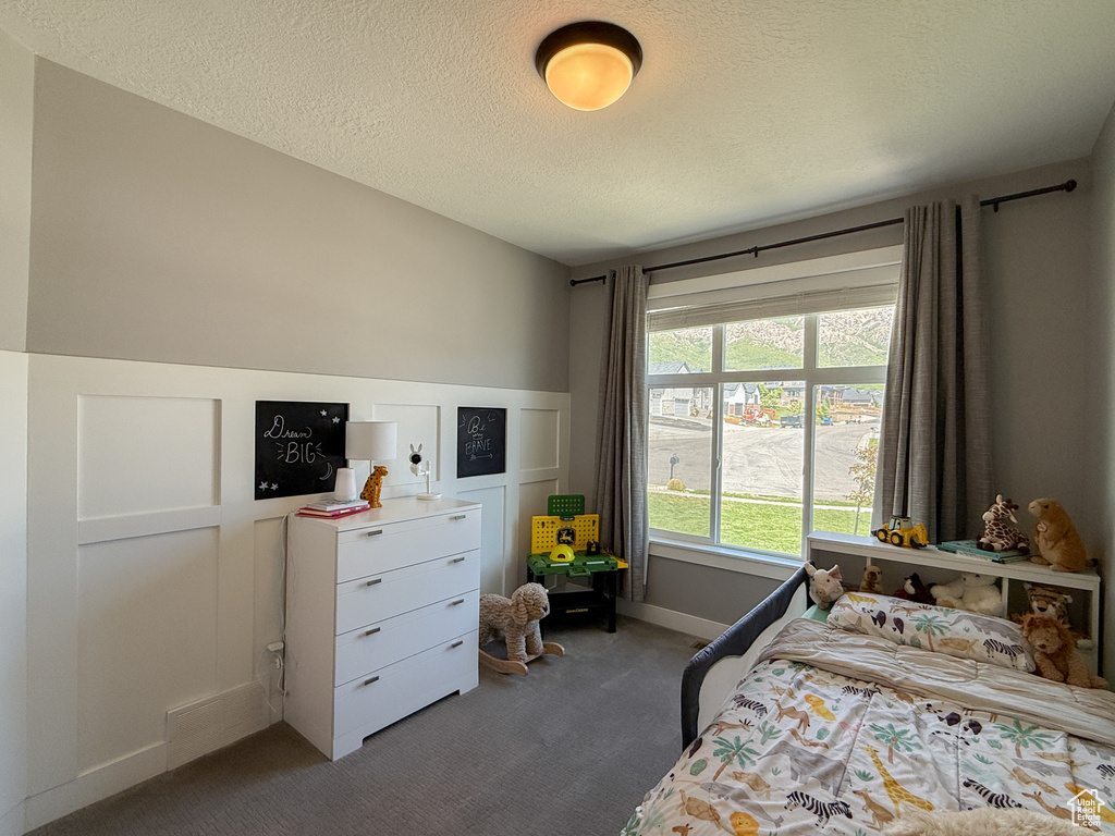 Carpeted bedroom with a wainscoted wall, a textured ceiling, and baseboards