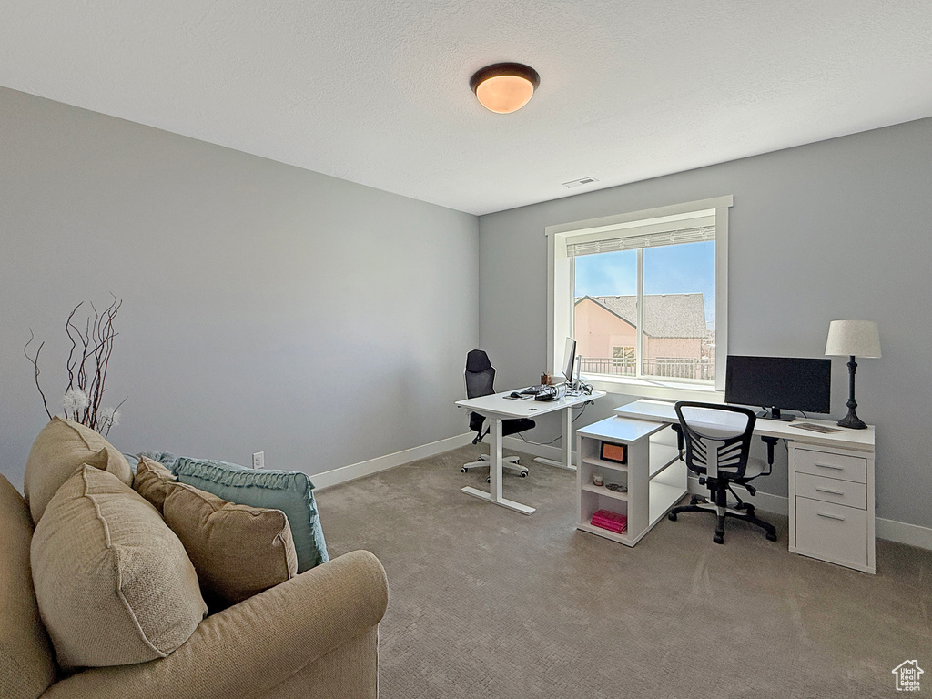 Office area featuring light carpet and baseboards