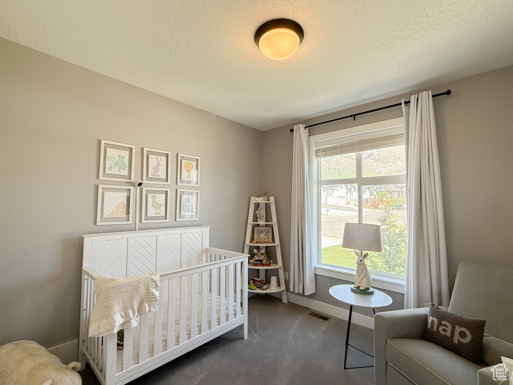 Bedroom with carpet, baseboards, a nursery area, and a textured ceiling