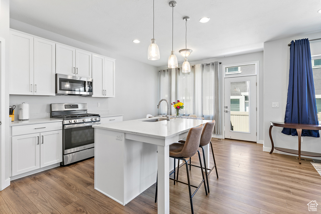 Kitchen with appliances with stainless steel finishes, a sink, wood finished floors, an island with sink, and light countertops