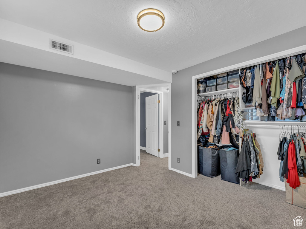 Unfurnished bedroom with carpet flooring, a textured ceiling, baseboards, and a closet