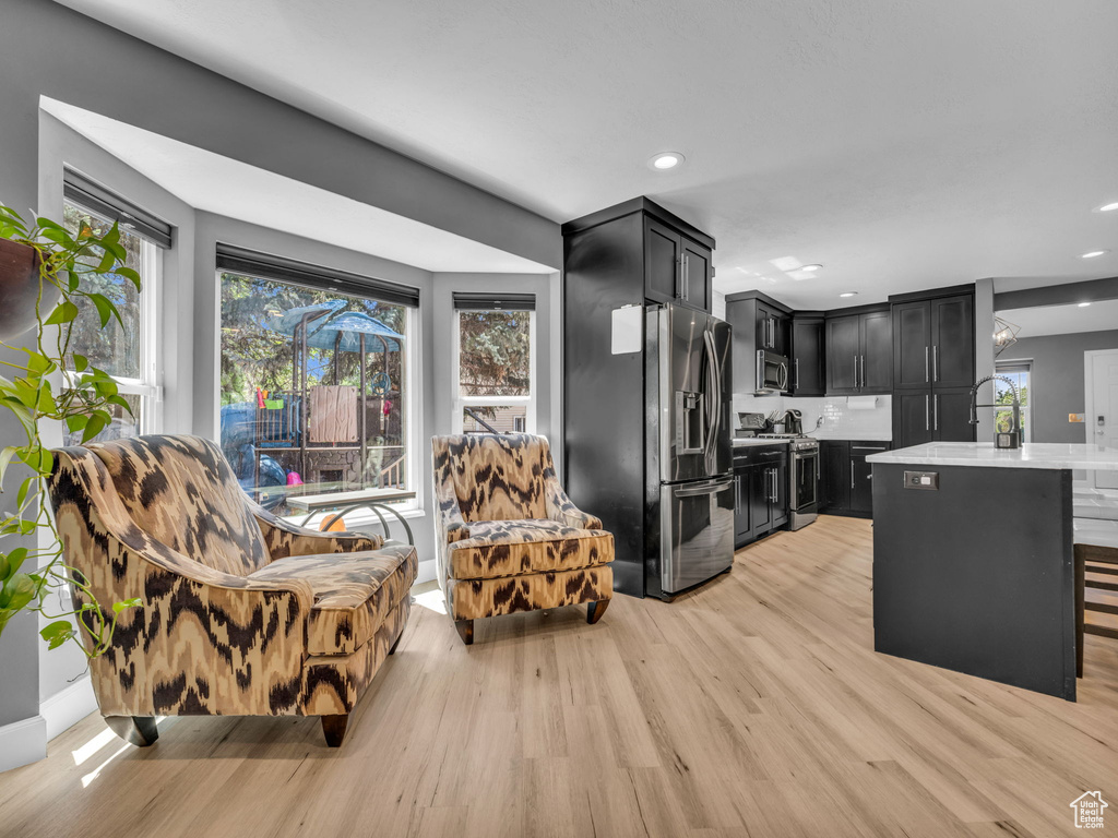 Kitchen with stainless steel appliances, dark cabinets, light countertops, light wood-type flooring, and recessed lighting