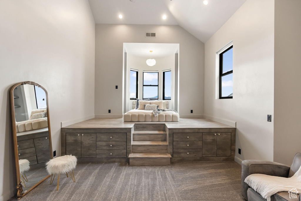Bedroom featuring vaulted ceiling and dark colored carpet