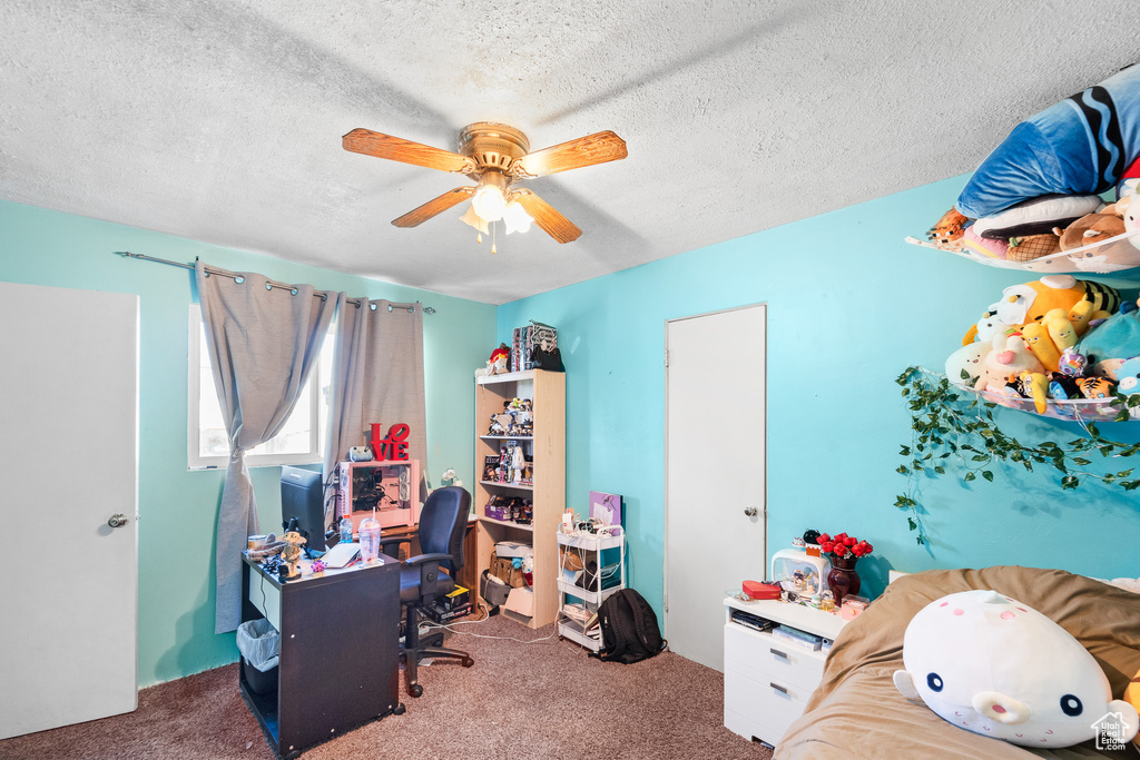 Home office featuring carpet, a ceiling fan, and a textured ceiling