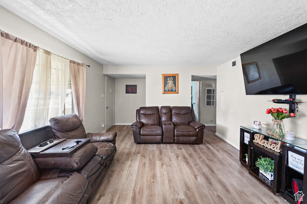 Living room featuring wood finished floors, a textured ceiling, and baseboards