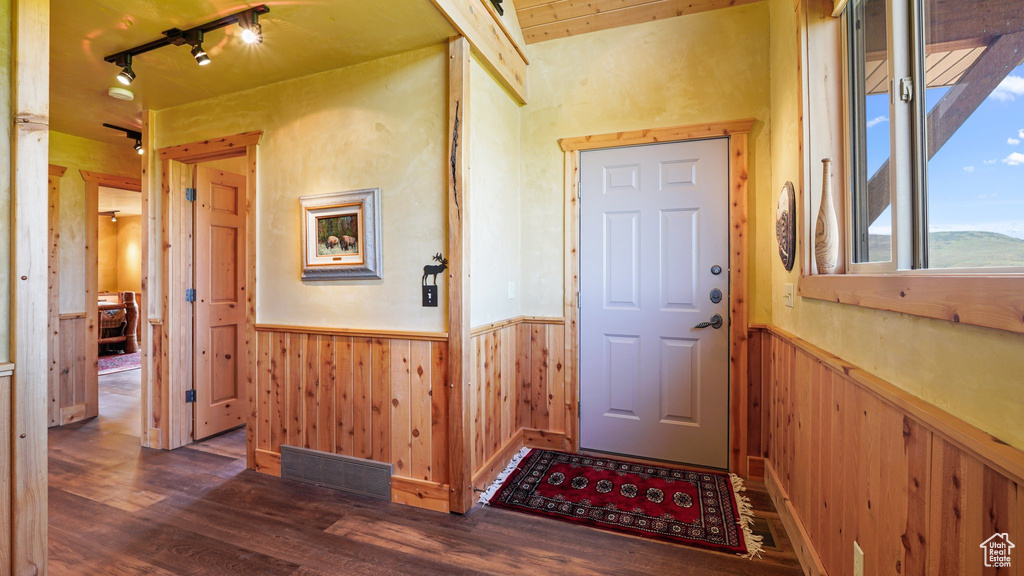 Foyer featuring a wainscoted wall, dark wood finished floors, rail lighting, and wooden walls
