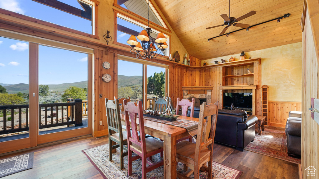 Dining area featuring high vaulted ceiling, wooden ceiling with exposed beams, hardwood / wood-style floors, wooden walls, and ceiling fan