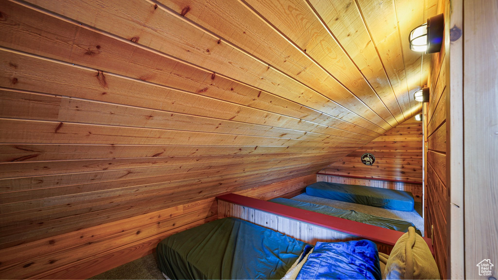 Relaxing sauna / steam room featuring wooden walls, wooden ceiling, and carpet