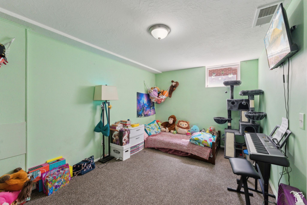 Bedroom featuring carpet floors and a textured ceiling