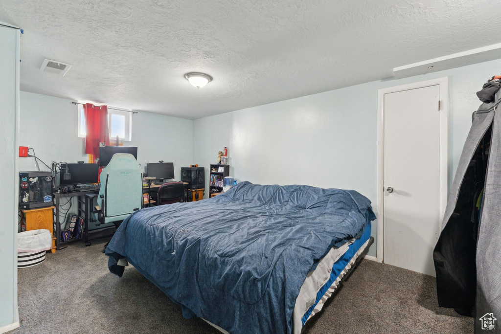 Bedroom with carpet flooring and a textured ceiling