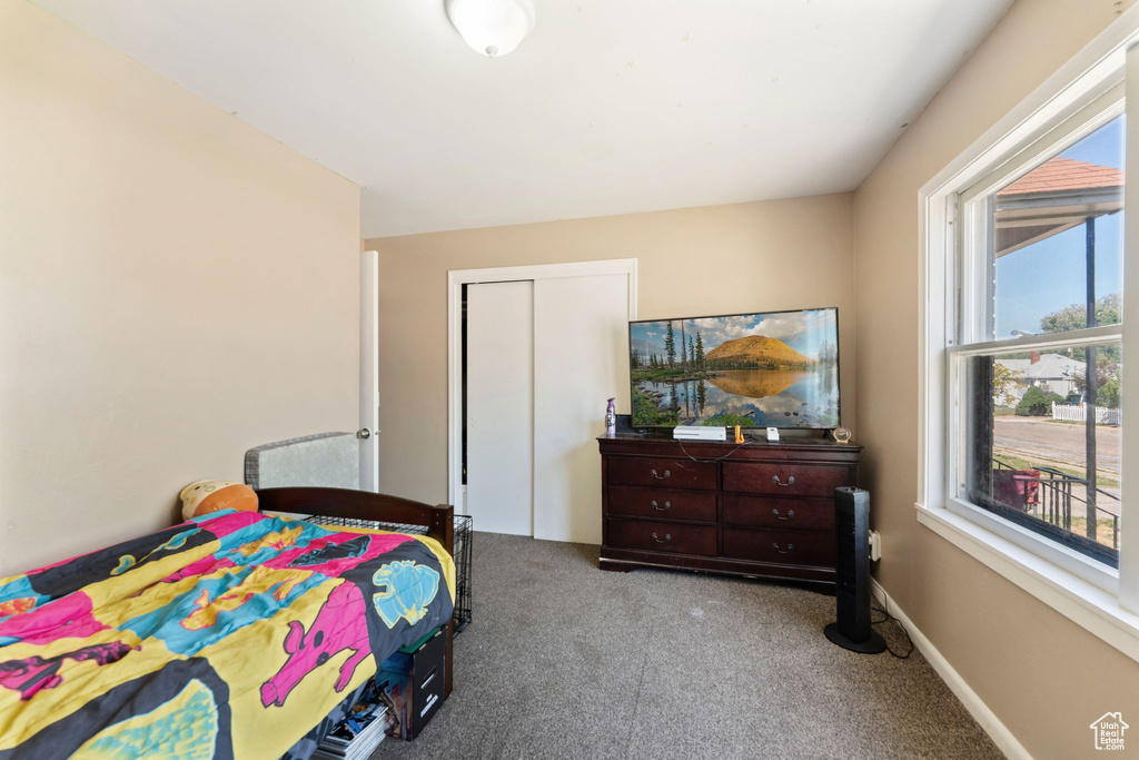 Carpeted bedroom with a closet