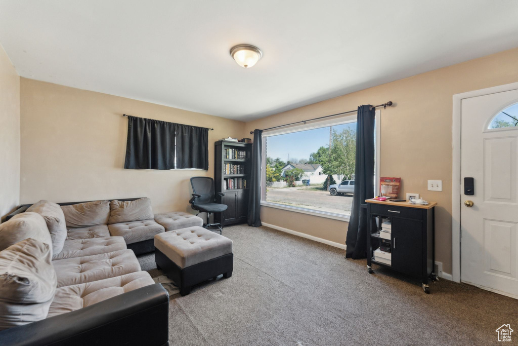 Living area with carpet floors and baseboards