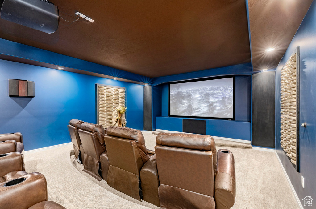 Cinema room with carpet and baseboards