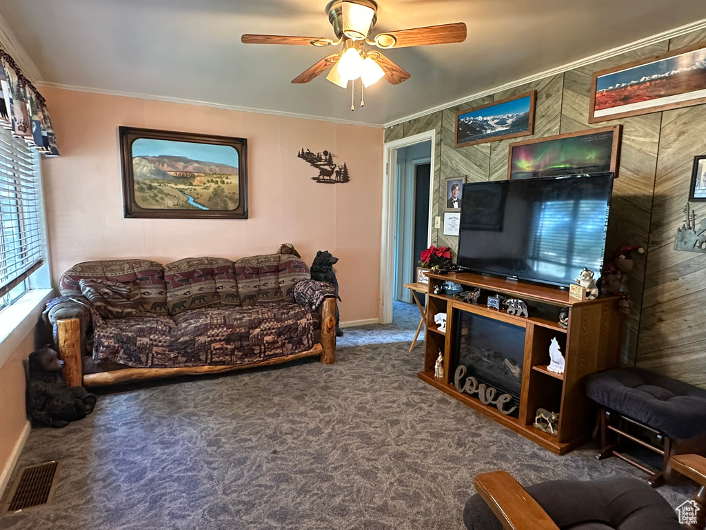 Carpeted living area featuring ceiling fan, ornamental molding, and baseboards