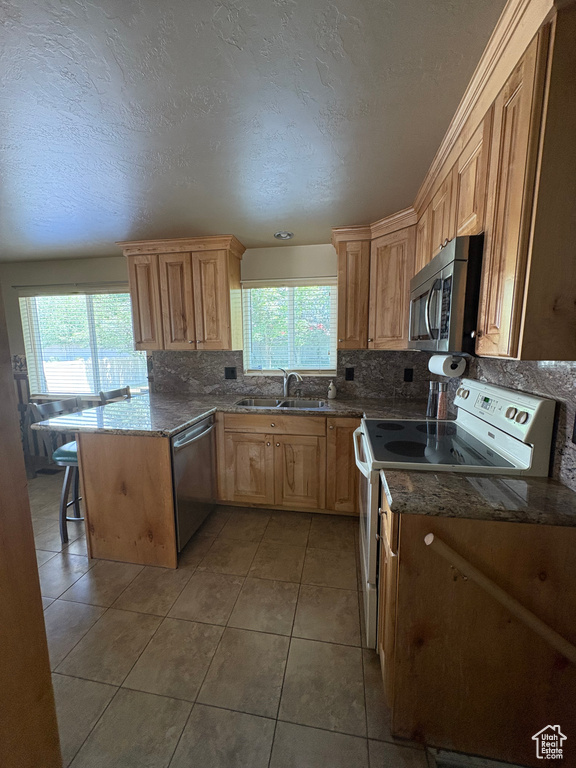 Kitchen featuring appliances with stainless steel finishes, a sink, healthy amount of natural light, decorative backsplash, and a textured ceiling